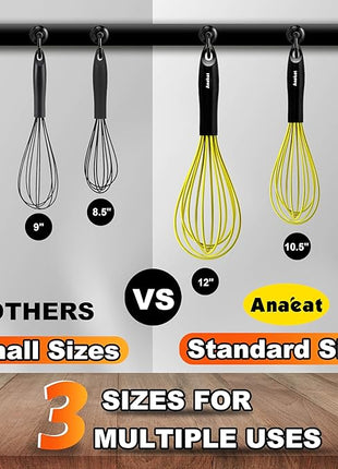 Anaeat Silicone Whisk, Thick Stainless Steel Wire Inner Heat Resistant - Kitchen Whisks for Non-Stick Cookware, Balloon Egg Beater for Whisking, Blending, Beating, Frothing & Stirring (Yellow)