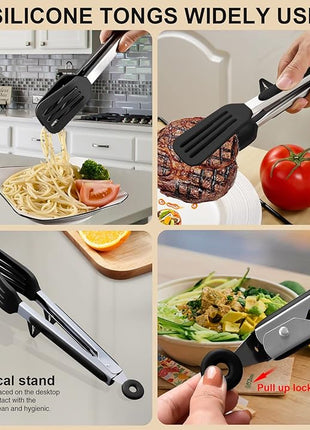 4PCS Flexible Silicone Spatula Turner Set and Kitchen Food Tongs with Silicone Tips, 600F Heat Resistant, Ideal for Flipping Eggs, Fish, Burgers, Pancake and Strong Grip on Salads, Pasta, Steaks, BBQ