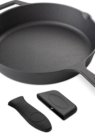 Navaris Cast Iron Skillet - 12 inch Cast Iron Pan - Seasoned Cookware for Frying, Cooking, Oven, Stove Top, Camping - Includes Silicone Handle Covers
