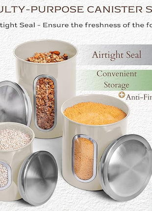 Moss & Stone 3-Piece Beige Canisters Sets For The Kitchen, Airtight Canister Set With See Through Window, Storage Jars for Coffee Container, Tea Organizer & Sugar Canister, Beige Kitchen Canisters