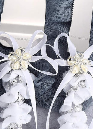 TANG SONG Stainless Steel Elegant Wedding Cake Knife and Serving Set Resin Plastic Handle Pearl Flower Shape with Lace Wedding Cake Knife and Shovel