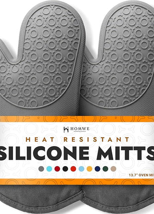 BPA-Free Soft Silicone Oven Mitts - Ultra Heat Resistant Oven Mitts with Thick Cotton Liner - Long Slip Resistant Pot Holders, Flexible Oven Gloves - Gray 13.7"