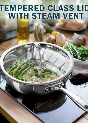 Cooks Standard Multi-Ply Clad Stainless Steel Wok Stir Fry Pan, 10.5 inch Induction Wok with Lid, Flat Bottom Wok, Silver