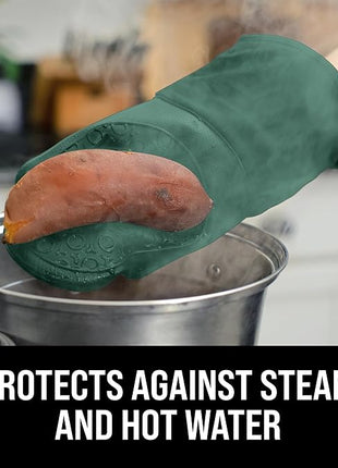 BPA-Free Silicone Oven Mitts Ultra Heat Resistant up to 500°F - Oven Mitts with Thick Cotton Liner - Long Slip Resistant Pot Holders, Flexible Oven Gloves - Green 13.7