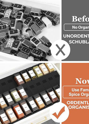Famhap Spice Drawer Organizer 24 Pcs with 24 Plastic Spice Jars and Labels，Interlocking Expandable Seasoning Rack Tray Insert for Kitchen Drawers, Spice Rack Drawer
