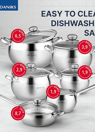 Daniks Classic 11-Piece Stainless Steel Cookware Set with Saucepan and Frying Pan, Glass Lids, Induction Compatible, Dishwasher Safe, Silver
