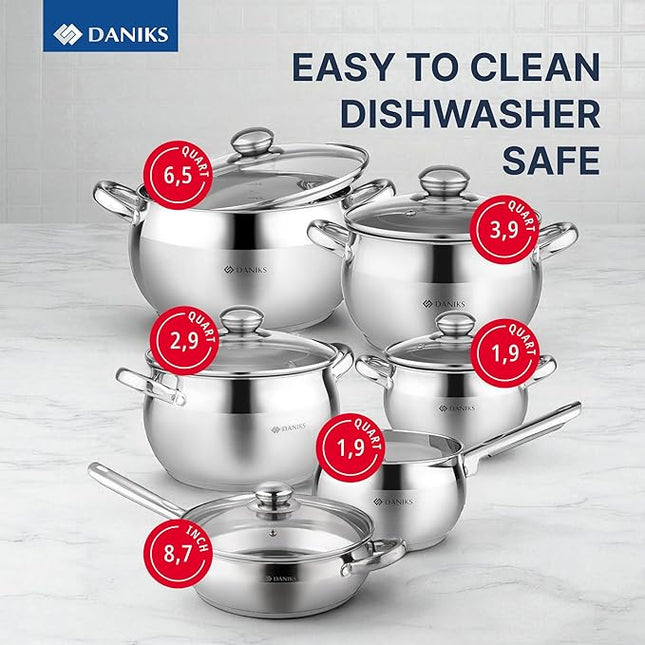 Daniks Classic 11-Piece Stainless Steel Cookware Set with Saucepan and Frying Pan, Glass Lids, Induction Compatible, Dishwasher Safe, Silver