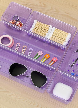 WOWBOX 6 Pack Clear Drawer Organizer Set, Acrylic Drawer Storage Trays, Storage Bins for Makeup, Cosmetics, Jewelries, Utensils, Gadgets, Office, Purple