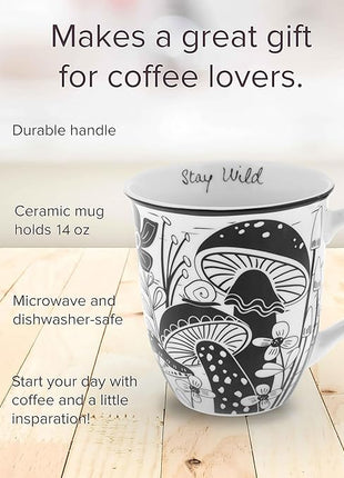 Karma Gifts 14 oz Black and White Boho Mug Mushroom - Cute Coffee and Tea Mug - Ceramic Coffee Mugs for Women and Men