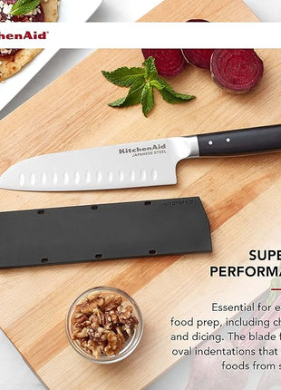 KitchenAid Gourmet Forged Triple Rivet Santoku Knife with Custom-Fit Blade Cover, 7-inch, Sharp Kitchen Knife, High-Carbon Japanese Stainless Steel Blade, Black