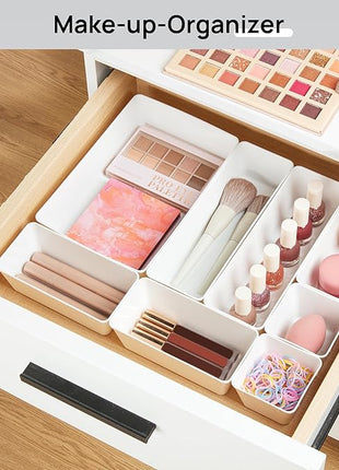 Vtopmart 25 PCS Plastic Drawer Organizers Set, 4-Size Versatile Bathroom and Vanity Drawer Organizer Trays, Storage Bins for Makeup, Bedroom, Kitchen Gadgets Utensils and Office