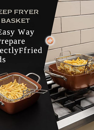 Moss & Stone 6 Pcs Copper Chef Cookware Non Stick Deep Frying Pan 9.5" x 3.5", Fry Basket, Steamer Rack, Dishwasher & Oven Safe, 5 Qt Deep Square Pot & Non Stick Pan, Induction Copper Cookware Set