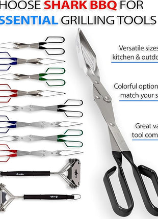 Shark BBQ Grill Tongs - 17 inch Black. Professional steak grilling utensil. Long reach Barbeque Grilling Tongs. Ideal for steak, fish, burger, and sausage