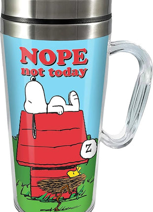 Spoontiques Peanuts Insulated Travel Mug, 14oz - Double Wall Stainless & Acrylic Drink Cup with Twist Top Lid & Handle - Snoopy