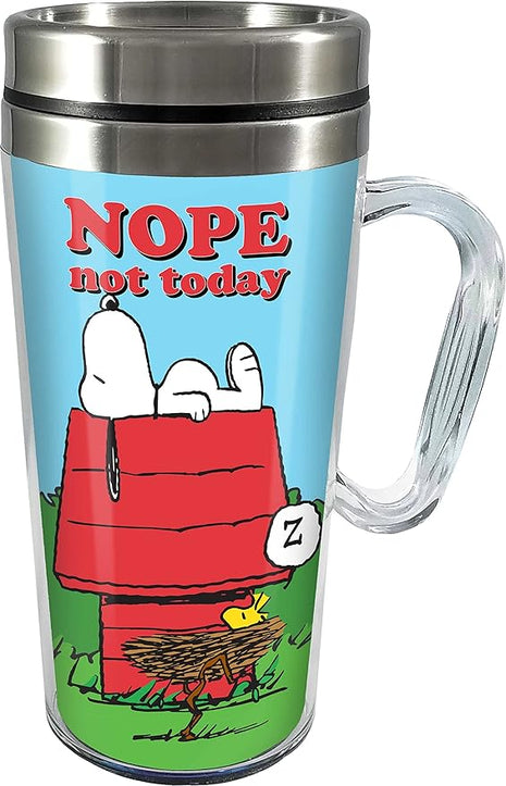 Spoontiques Peanuts Insulated Travel Mug, 14oz - Double Wall Stainless & Acrylic Drink Cup with Twist Top Lid & Handle - Snoopy
