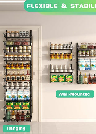 10-Tier Over The Door Pantry Organizer, Pantry Organization and Storage, Black Metal Hanging Adjustable Basket, Wall Spice Rack Seasoning Shelves, Home & Kitchen Essentials