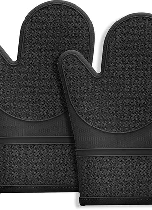 Hovico Silicone Oven Mitts, Heat Resistant 500F Kitchen Mitts 2PCS, 11.6" BPA-Free Soft Baking Gloves, Non-Slip Grip Oven Gloves with Soft Cotton Lining for Kitchen Cooking Baking BBQ - Black