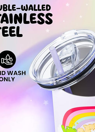 Silver Buffalo Care Bears Rainbow Featuring Funshine, Cheer, Grumpy, Friend, and Good Luck Bear Stainless Steel Tumbler with Handle and Straw, Fits in Standard Cup Holder, 40 Ounces