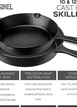 Cuisinel Cast Iron Skillet Set - 10" + 12" Frying Pan + Glass Lids + 2 Handle Cover Grips - Pre-Seasoned Oven Cookware - Indoor/Outdoor Use - Grill, Stovetop, Induction, BBQ, Camping, Fire Use