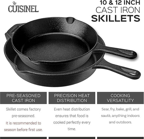 Cuisinel Cast Iron Skillet Set - 10" + 12" Frying Pan + Glass Lids + 2 Handle Cover Grips - Pre-Seasoned Oven Cookware - Indoor/Outdoor Use - Grill, Stovetop, Induction, BBQ, Camping, Fire Use