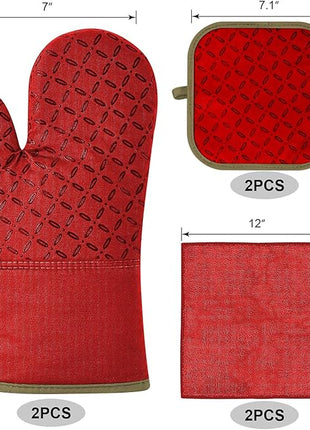 KEGOUU Oven Mitts and Pot Holders 6pcs Set, Kitchen Oven Glove High Heat Resistant 500 Degree Extra Long Oven Mitts and Potholder with Non-Slip Silicone Surface for Cooking (Red)