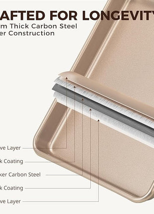 HONGBAKE 2 Pack 11 x 9 Inch Toaster Oven Pans and Trays, Small Baking Sheet Set for Cooking, Non-Stick Cookie Sheets, Heavy-Duty 0.8mm Thick, Easy to Clean, 1.26 Inch Deep, Gold