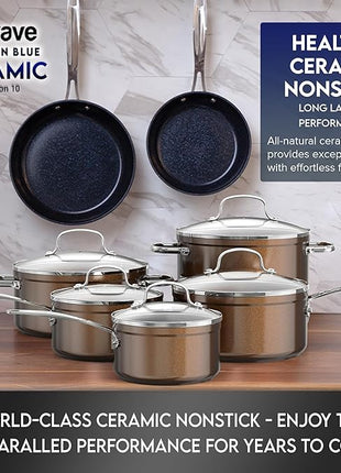 Nuwave Healthy Duralon Blue Ceramic Nonstick Cookware Set, Diamond Infused Scratch-Resistant, PFAS Free, Dishwasher & Oven Safe, Induction Ready & Evenly Heats, Tempered Glass Lids & Stay-Cool Handles