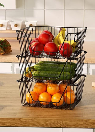 Slideep Wire Storage Baskets, Freezer Baskets Farmhouse Stackable Organizer Storage Bins Large Organizer for Storage, Office, Bathroom, Pantry Organization Storage with Handles 14" Black -Set of 3