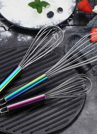 Berglander Rainbow Handle Whisk Pack of 3 Stainless Steel 8",10",12", Titianium Plating Colorful Handle Whisks for Cooking, Beater,Wire Whisk Set Kitchen Wisk (Rainbow Handle)