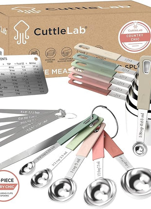 22-Piece Stainless Steel Measuring Cups and Spoons Set, Tad Dash Pinch Smidgen Drop Mini Measuring Spoons, Measuring Stick Leveler, Measurement Conversion Chart Fridge Magnet, (Country Chic)