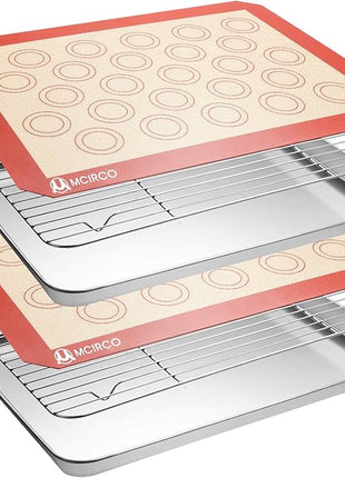 MCIRCO 6 Piece Stainless Steel Baking Sheet with Rack with Silicone Baking Mat Set (2 Pans + 2 Racks + 2 Mats), 17.3 x 13 x 1 Inch Cookie Sheet with Cooling Rack, Easy Clean
