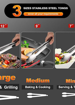 Anaeat Stainless Steel Locking Tong Set of 3 - Premium 7, 9 and 12 inch Kitchen Food Tongs with Non-Slip Silicone Tips and Grip for Serving, Cooking, Baking and BBQ - Heavy Duty & Heat Resistant