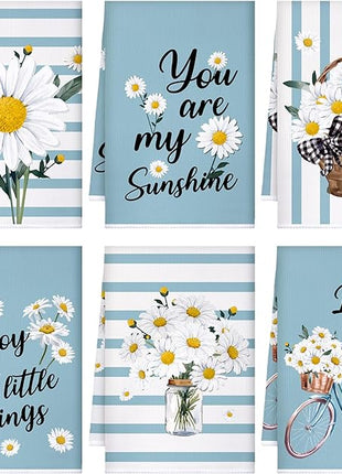 Boyiee Set of 6 Daisy Flower Kitchen Towels Daisy Stripes Tea Towels Floral Absorbent Dishtowels 24 x 16 Inches Housewarming Gifts Blue Hand Wash Cloth for Farmhouse Kitchen Bathroom Decorations