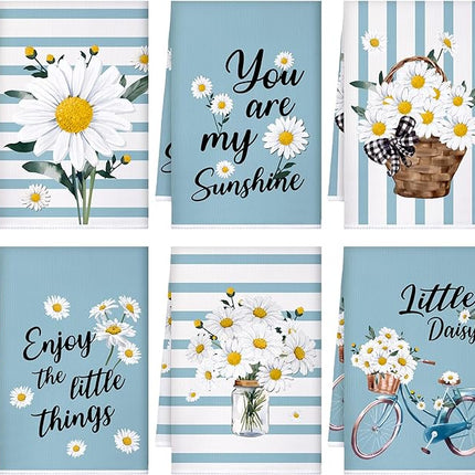 Boyiee Set of 6 Daisy Flower Kitchen Towels Daisy Stripes Tea Towels Floral Absorbent Dishtowels 24 x 16 Inches Housewarming Gifts Blue Hand Wash Cloth for Farmhouse Kitchen Bathroom Decorations