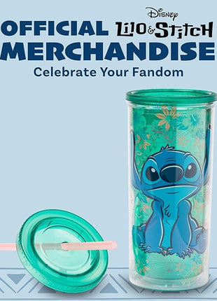 Silver Buffalo Disney Lilo and Stitch Tropical Pattern Plastic Tall Cold Cup with Lid and Straw, 20 Ounces