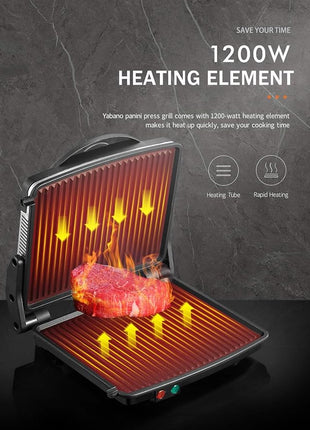 Panini Press Grill, Yabano Gourmet Sandwich Maker Non-Stick Coated Plates 11" x 9.8", Opens 180 Degrees to Fit Any Type or Size of Food, Stainless Steel Surface and Removable Drip Tray, 4 Slice