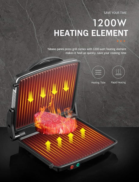 Panini Press Grill, Yabano Gourmet Sandwich Maker Non-Stick Coated Plates 11" x 9.8", Opens 180 Degrees to Fit Any Type or Size of Food, Stainless Steel Surface and Removable Drip Tray, 4 Slice