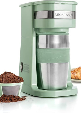 Mixpresso Green Personal Single Serve Coffee Maker with 14oz Travel Mug, Drip Small Coffee Maker with Auto Shut Off, Reusable Filter, Works with Ground Coffee Only – Not for K-Cup Pods