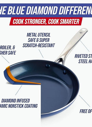 Blue Diamond 12" Nonstick Frying Pan Skillet, Diamond Infused PFAS & PTFE-Free Ceramic Pot, Dishwasher & Oven Safe, Stay Cool Handle, Durable Non Toxic Metal Utensil Safe, Egg & Omelet Pan, Blue