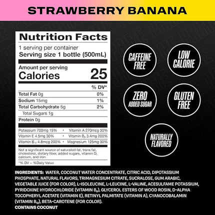PRIME Hydration STRAWBERRY BANANA, Sports Drinks, Electrolyte Enhanced for Replenishing Fluids, 250mg BCAAs, B Vitamins, Antioxidants, Low Sugar, 16.9 Fl Oz, 12 Pack