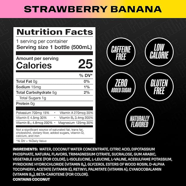 PRIME Hydration STRAWBERRY BANANA, Sports Drinks, Electrolyte Enhanced for Replenishing Fluids, 250mg BCAAs, B Vitamins, Antioxidants, Low Sugar, 16.9 Fl Oz, 12 Pack