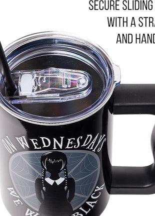 Silver Buffalo The Addams Family Wednesday On Wednesdays We Wear Black Stainless Steel Tumbler with Handle and Straw, Fits in Standard Cup Holder, 40 Ounces
