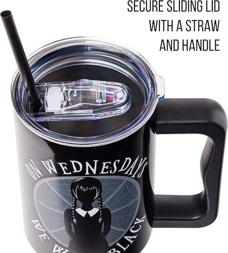 Silver Buffalo The Addams Family Wednesday On Wednesdays We Wear Black Stainless Steel Tumbler with Handle and Straw, Fits in Standard Cup Holder, 40 Ounces
