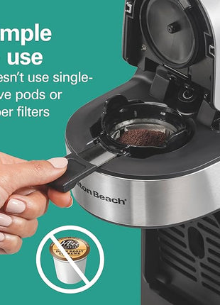 Hamilton Beach The Scoop Single Serve Coffee Maker & Fast Grounds Brewer for 8-14oz. Cups, Brews in Minutes, 40oz. Removable Reservoir, Stainless Steel (49987),Silver