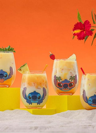 JoyJolt Disney Stitch Silly Sips Stemless Drinking Glasses, 19oz Teardrop Glass Cups, Glass Tumbler Cup Set of 4, Stitch Stuff, Lilo and Stitch Gifts, Disney Gifts for Adults