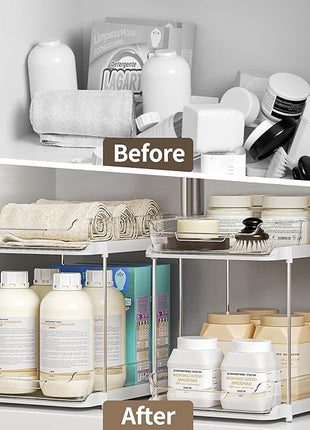 Delamu 2-Tier Multi-Purpose Bathroom Under Sink Organizers and Storage, Stackable Kitchen Pantry Organization, Pull Out Medicine Cabinet Organizer with Movable Dividers, White, 1 Pack