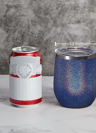 MEWAY 12oz/12 Pack Wine Tumbler Glasses with Lid - Stemless Double Wall Vacuum Stainless Steel Glitter Tumbler - Keeping Cold & Hot Cup for Coffee,for Women(Rainbow Navy,Set of 12)