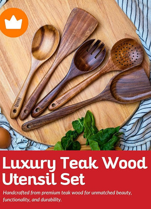 Boxiki Kitchen Luxury Teak Wood Utensil Set - Elegant 6-Piece Cooking Ensemble Including Spoons, Server, Scraper & Spatula - Expertly Crafted for Culinary Excellence