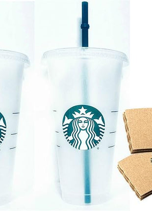 Starbucks Reusable 24 fl oz Frosted Ice Cold Drink Cup Bundle Set with Sleeves