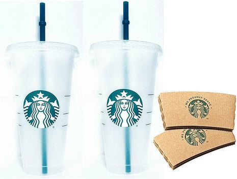 Starbucks Reusable 24 fl oz Frosted Ice Cold Drink Cup Bundle Set with Sleeves